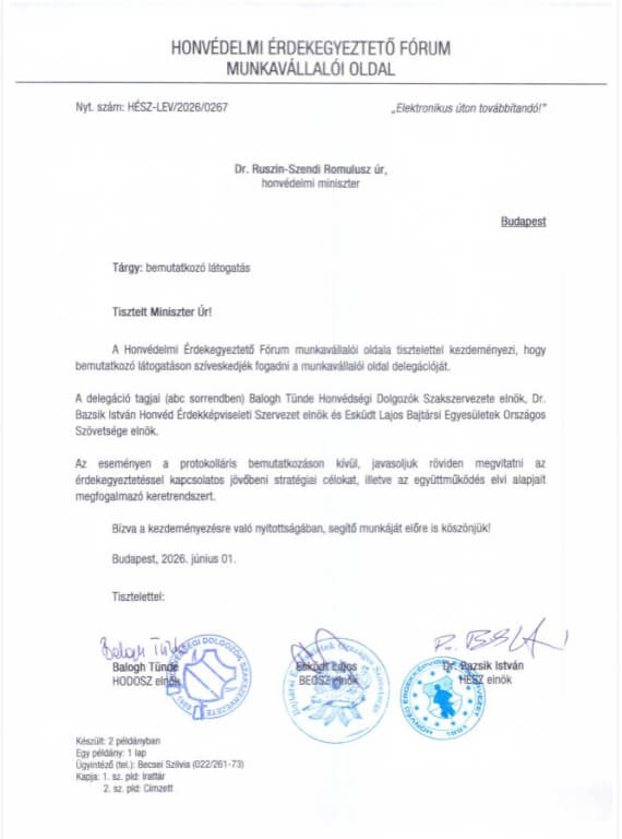 Honvédelmi Érdekegyeztető Fórum munkavállalói oldal kezdeményezése